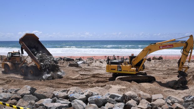 Cyclone preparations in full swing on the Gold Coast, with the construction of a sea wall to try to reduce erosion.