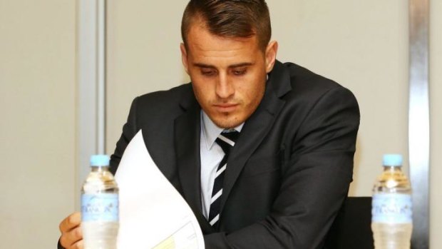 Josh Reynolds at the NRL Origin judiciary hearing into his dangerous throw charge at Rugby League Central on Thursday night.