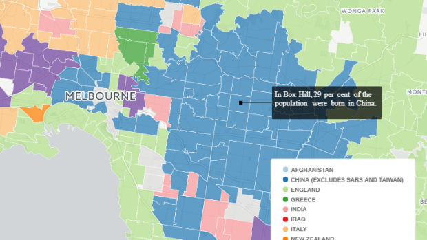 The suburbs of Melbourne (in blue) where China is the second most common country of birth.