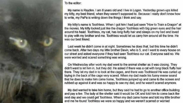 Rayden Sazama told his story about the death of his cat Toothless in a letter to a newspaper.