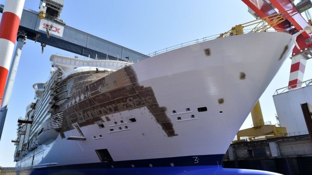 The ship 'Harmony of the seas', which is to become the world's biggest cruise ship, is pictured in the dry dock of the Chantiers de l'Atlantique shipyard in Saint Nazaire.
