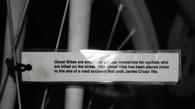 Frightening reminder ... A tag left on the ghost bike explains its significance.