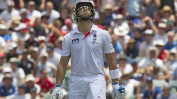 Gone: Matt Prior reacts after being dismissed on Tuesday.  The English press have blasted  Alastair Cook's 'limp' side.