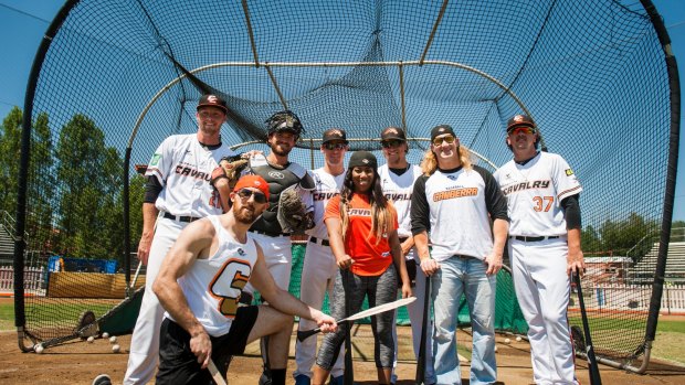 Canberra Cavalry's Josh De Graaf, Mike Reeves, Jackson Lowery, Zach Lemond and Andrew Case with WWE pro wrestlers Oney Lorcan, Ember Moon and Wesley Blake. Photo Elesa Kurtz