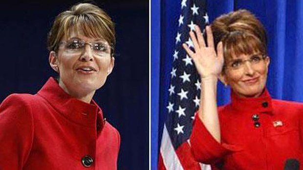 Body double ... Tina Fey, right, mocks Sarah Palin.