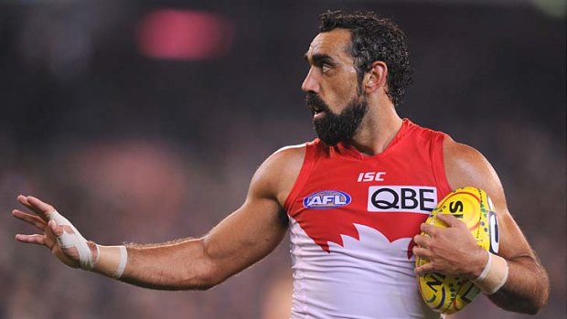 Adam Goodes in action against Collingwood shortly before being vilified as an "ape".