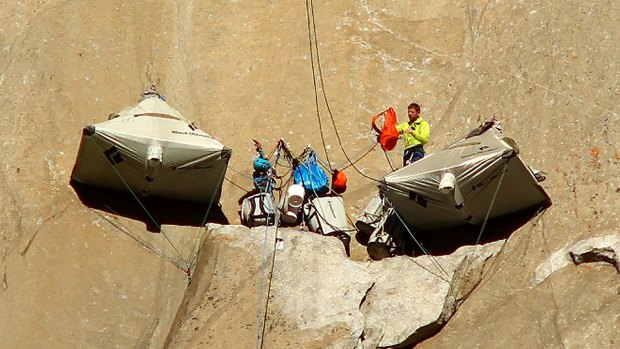 Tommy Caldwell and Kevin Jorgeson set up camp on the rock face of El Capitan. 