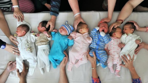 Among the record 77 babies delivered at the Mercy were (from left) Zoe Christophidis, Destiny Jakie, Joshua Sullivan, Aislin Butina, James Gaskell, Elsie Symons and Archieles Lewi Suryanto.