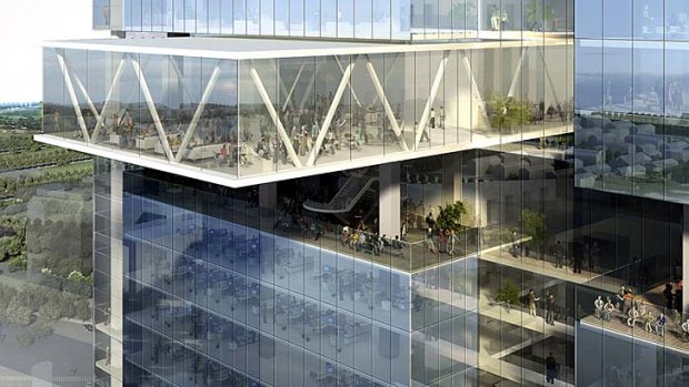 High in the sky: the twin towers will feature a public sky terrace 100 metres above Sydney's second CBD.