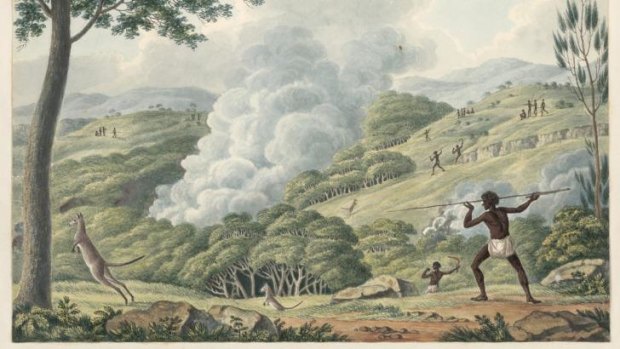 Joseph  Lycett's water colour, circa 1817 depicts  Aborigines using fire to hunt kangaroos.