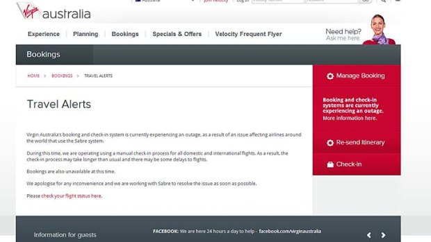 Outage ... the message on Virgin Australia's website.