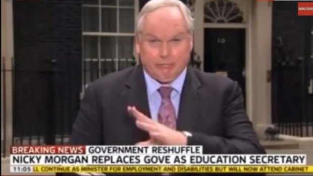 Sky News political editor Adam Boulton swallows a fly while reporting on British Prime Minister David Cameron's radical cabinet reshuffle.