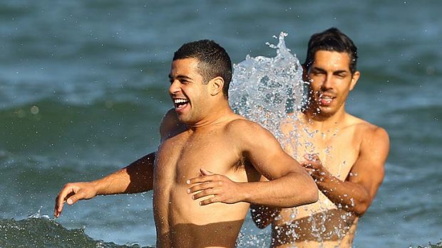 Fun and games: Ahmed Saad and Terry Milera at a St Kilda recovery session last week.