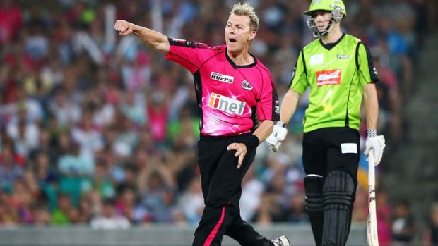 Brett Lee celebrates the wicket of Blake Dean of the Thunder.