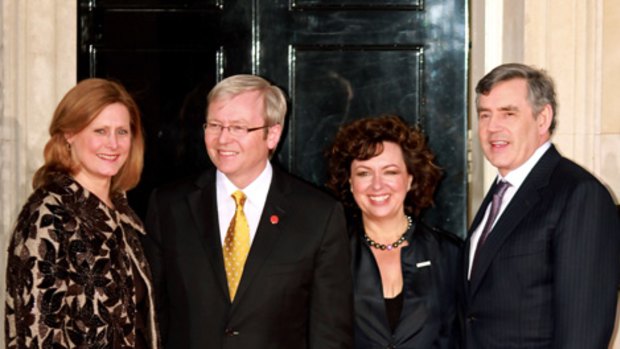 Sarah Brown, left, wife of Gordon Brown, right, Australia Prime Minister Kevin Rudd, second left and his wife Therese Rein outside Downing Street.