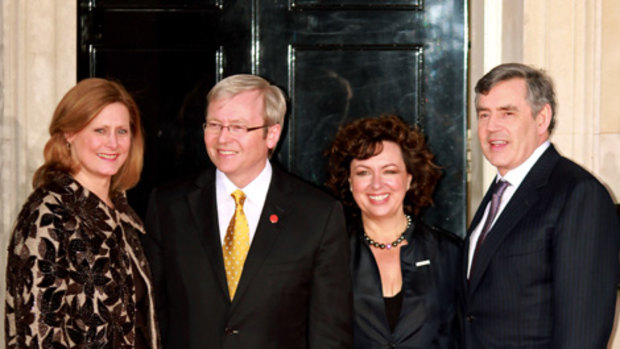 Sarah Brown, left, wife of Gordon Brown, right, Australia Prime Minister Kevin Rudd, second left and his wife Therese Rein outside Downing Street.