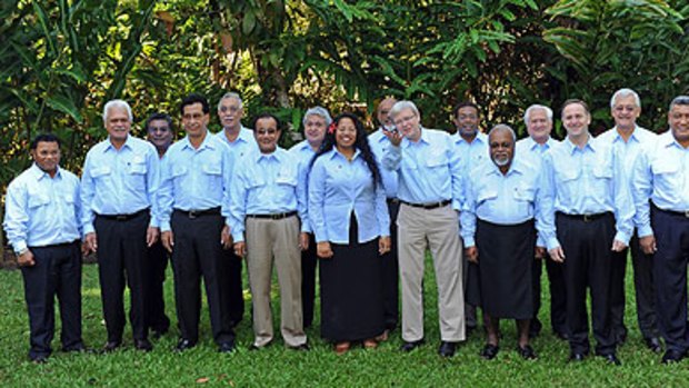 Sartorially resplendent ... Prime Minister Kevin Rudd with leaders the Pacific Islands Forum in Cairns today.