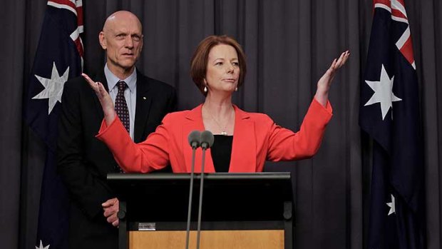 ‘‘Of course I would prefer that the only questions I was being asked today were on the Gonski review.’’ Julia Gillard, with education minister Peter Garrett, releases the Gonski review into schools funding at Parliament House.