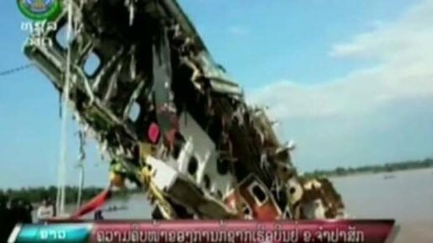 A screen shot from Laos TV purporting to be the fuselage of the crashed plane.