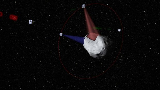 A conceptual rendering of satellites prospecting a water-rich, near-Earth asteroid.