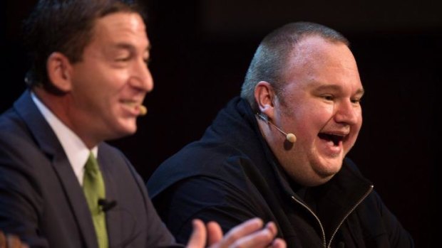 The founder of the Internet Party Kim Dotcom (right) with US journalist Glenn Greenwald in Auckland on Monday.