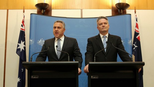 Treasurer Joe Hockey and Finance Minister Senator Mathias Cormann address the media after the release of the Commission of Audit report.