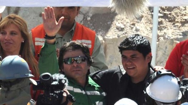 Chilean miner Pablo Rojas gives his thumb up after being brought to the surface.