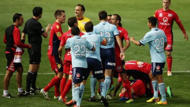 Losing battle: Sydney FC and Adelaide players get physical last weekend.