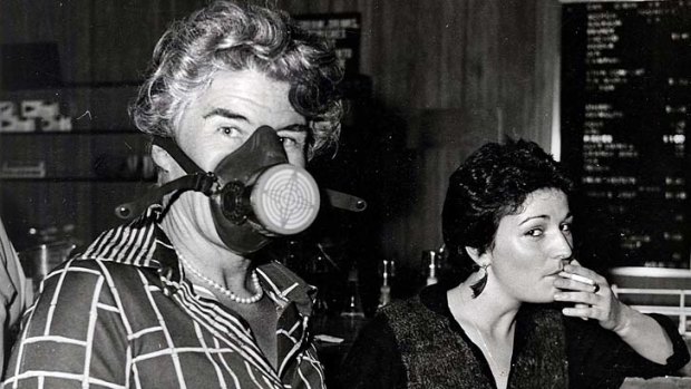 Brilliant: Philomena McGrath wearing a gas mask in an anti-smoking protest at Sydney Opera House in 1981.