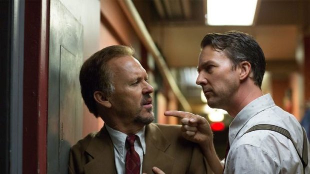 Michael Keaton and Ed Norton in <i>Birdman</i>, which features drumming by Mexican virtuoso Antonio Sanchez.