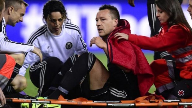 Chelsea captain John Terry is carried out on a stretcher after sustaining an injury during the Champions League first leg semi-final against Club Atletico de Madrid on April 22.