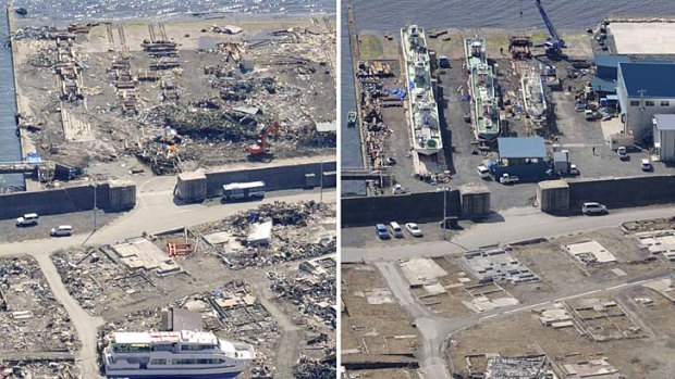 This combination photo shows an aerial view of Otsuchi, Iwate prefecture on April 10, 2011, left, and March 4, 2013.