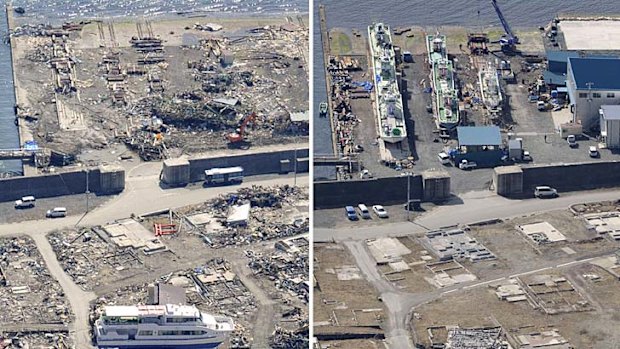 This combination photo shows an aerial view of Otsuchi, Iwate prefecture on April 10, 2011, left, and March 4, 2013.