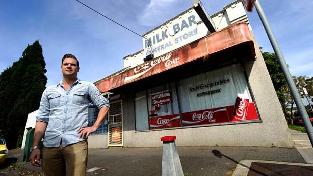 Melbourne illustrator Eamon Donnelly in front of a closed milk bar in Brunswick East. Below: images from the book.