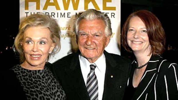 She of the pencilled brow Blanche d'Alpuget with bushy-browed husband Bob Hawke and highbrowed Julia Gillard.