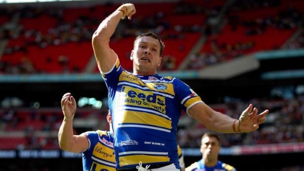Try time: Leeds' Danny McGuire celebrates after scoring a try against Castleford in the Challenge Cup final.