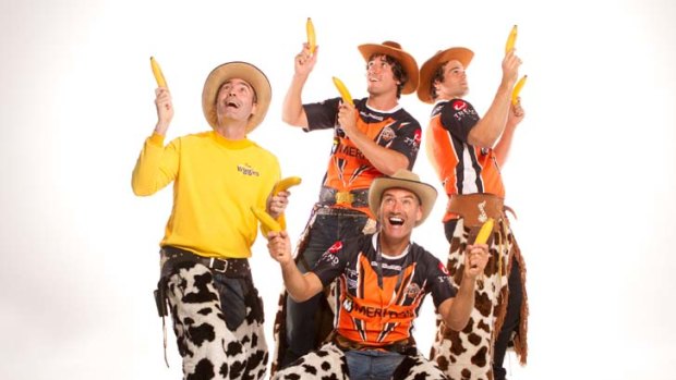 Wiggling west ... The Wiggles, replete with banana guns, get into the NRL spirit.