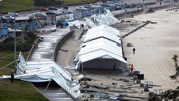 The tents set up early for the City to Surf at Bondi beach have been destroyed.