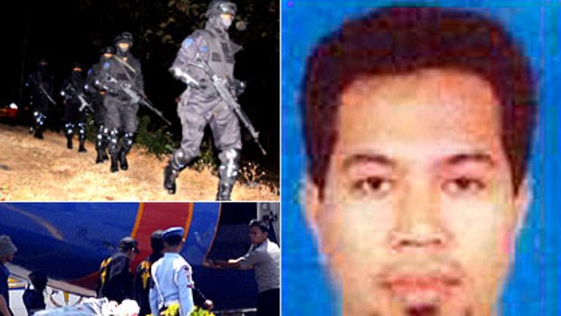 (Clockwise) Police officers load bodies of militants into plane, anti-terror police move into position before the raid on Noordin's Solo hideout, Noordin Mohammed Top.