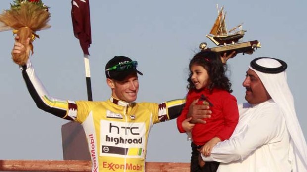 Mark Renshaw celebrates after he won the 10th Tour of Qatar.