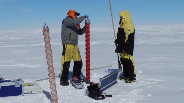 Australian scientists obtaining ice core samples from Aurora Basin, East Antarctica.