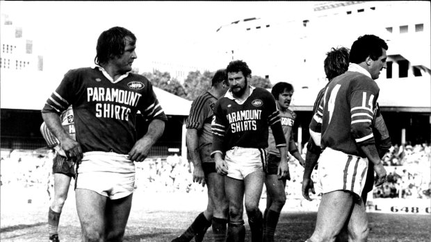 Fierce competitor: Newtown captain Tommy Raudonikis (left) seemingly looking daggers as Ken Wilson (right) comes on as his replacement during a semi-final against Parramatta. 