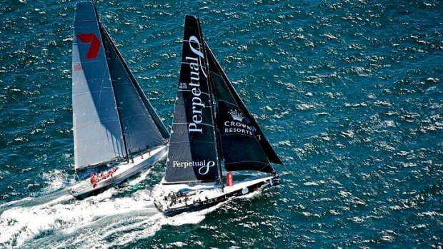 Ahead: Perpetual Loyal (right) opened up a 10 mile lead on rival Wild Oats XI overnight.