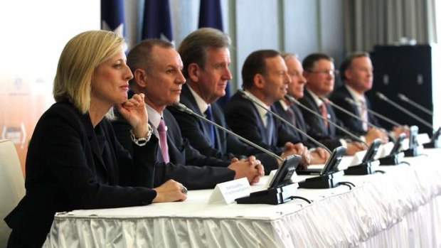 It's boys club: ACT Chief Minister Katy Gallagher, SA Premier Jay Weatherill, NSW Premier Barry O'Farrell, Prime Minister Tony Abbott, WA Premier Colin Barnett, Victorian Premier Denis Napthine and Tasmanian Premier Will Hodgman address at a press conference in Shanghai, China.