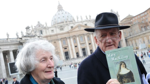 It's official … Sister Maria Casey, who sent the text about Pope Benedict's decision, and Australian ambassador to the Holy See Tim Fischer in front of St Peter's Basilica.