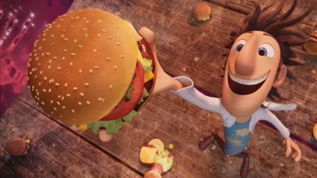 A buffet rains from the sky in the animated feature <i> Cloudy with a Chance of Meatballs</i>.