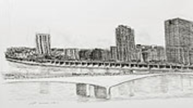Stephen Wiltshire's likeness of the Brisbane CBD. For large image, <B><A href= http://images.brisbanetimes.com.au/file/2011/11/29/2805759/sketch_1200.jpg?rand=1322552559865> CLICK HERE</a></b>