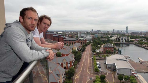 Michael (left) and Joel Monaghan take in the view over Salford Quays.