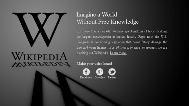 Wikipedia's homepage for the 24-hour blackout.
