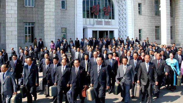 A picture supplied by North Korea's state news agency shows delegates from rural areas arriving to attend the ruling Workers Party of Korea's biggest meeting in decades in Pyongyang.